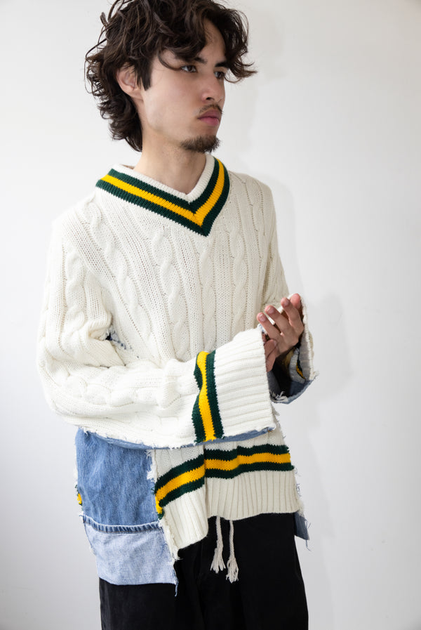 DENIM PANELLED CRICKET JUMPER