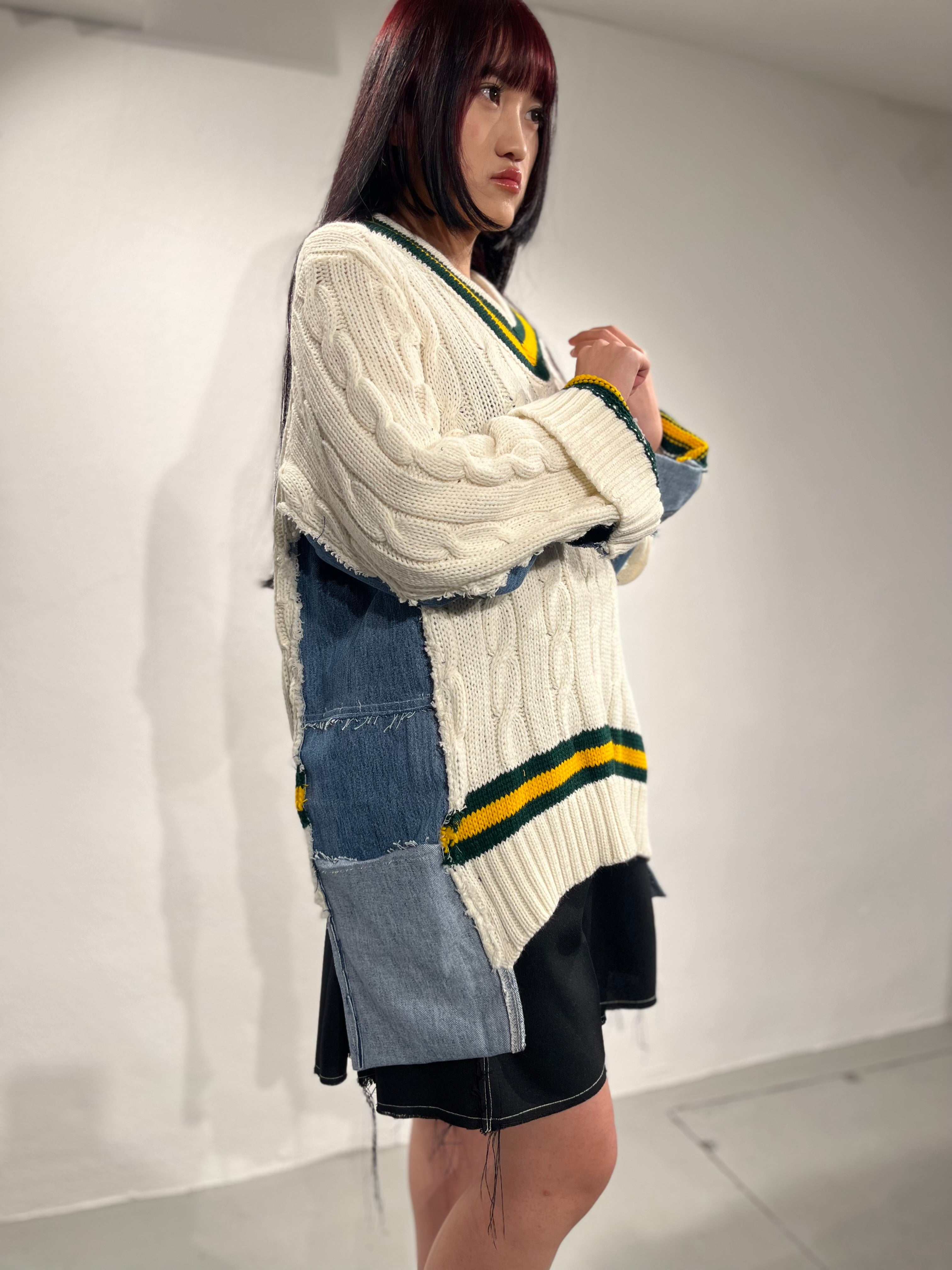 DENIM PANELLED CRICKET JUMPER