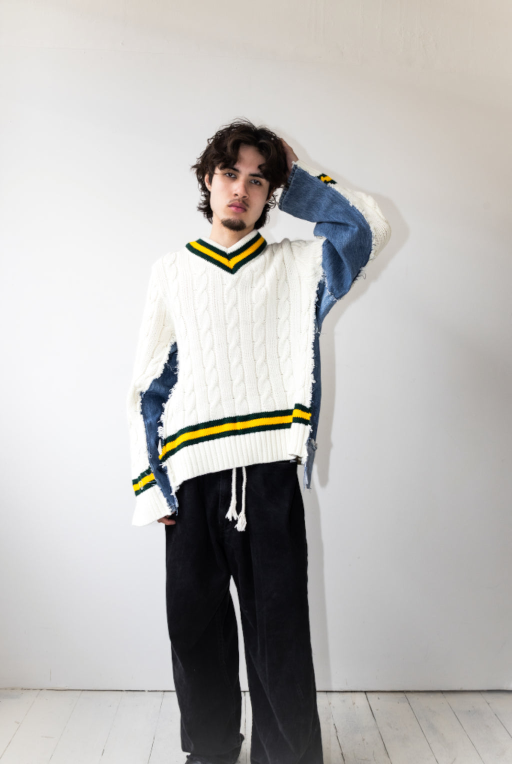 DENIM PANELLED CRICKET JUMPER