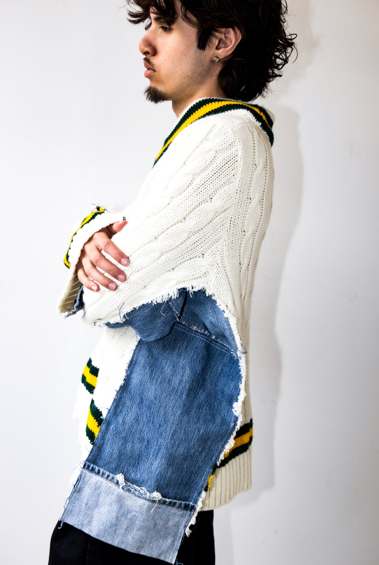 DENIM PANELLED CRICKET JUMPER