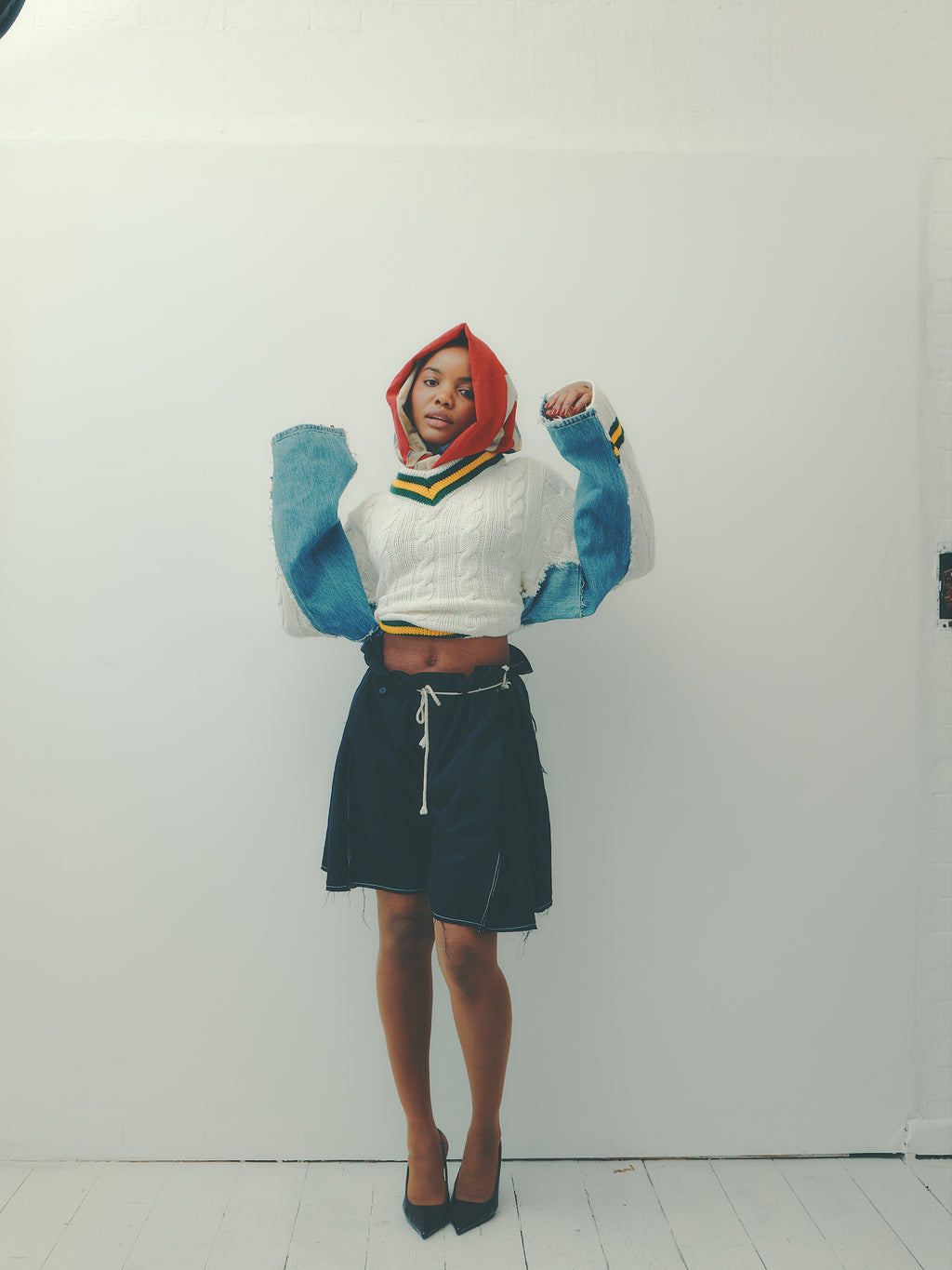 DENIM PANELLED CRICKET JUMPER