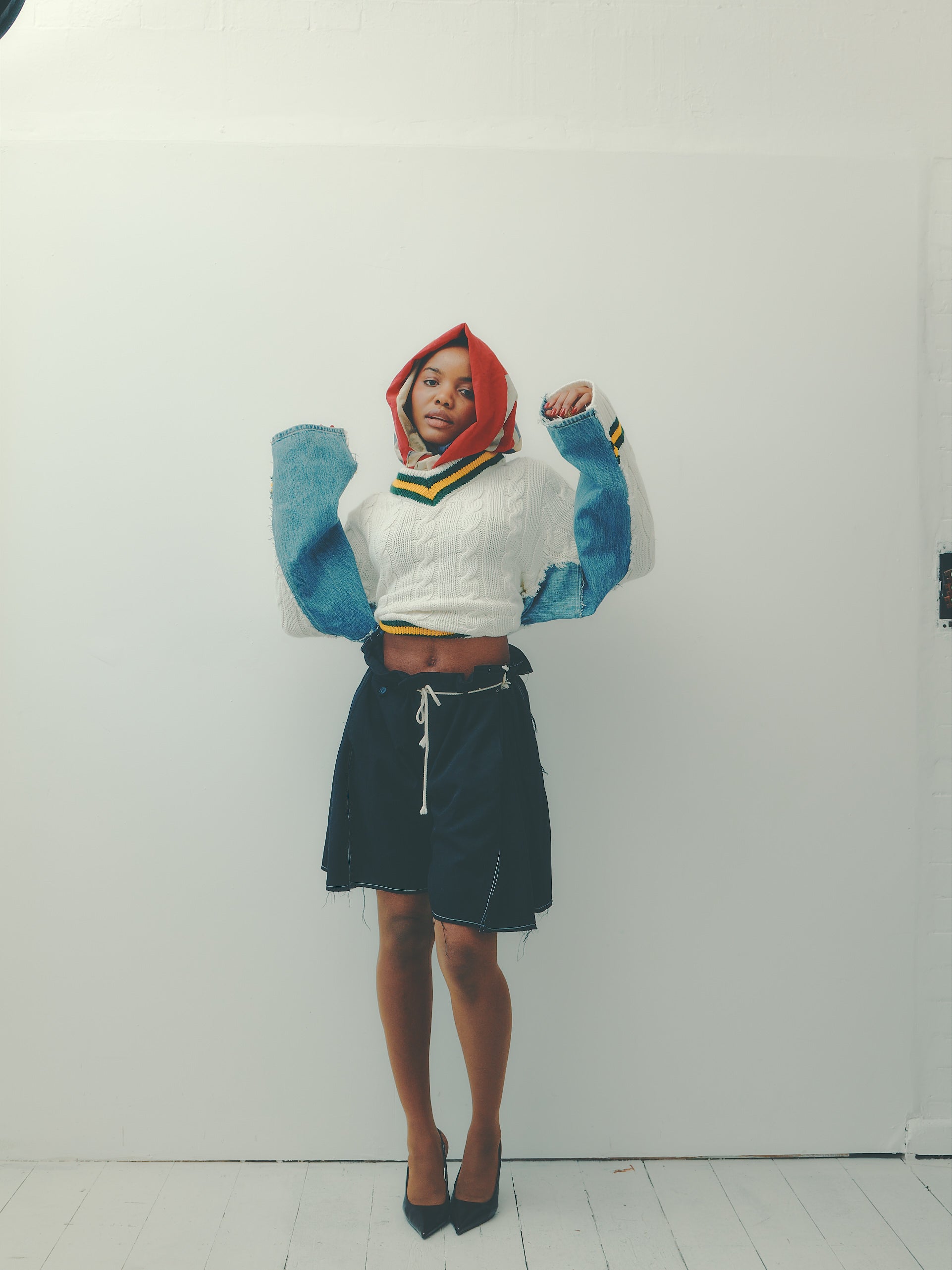 DENIM PANELLED CRICKET JUMPER