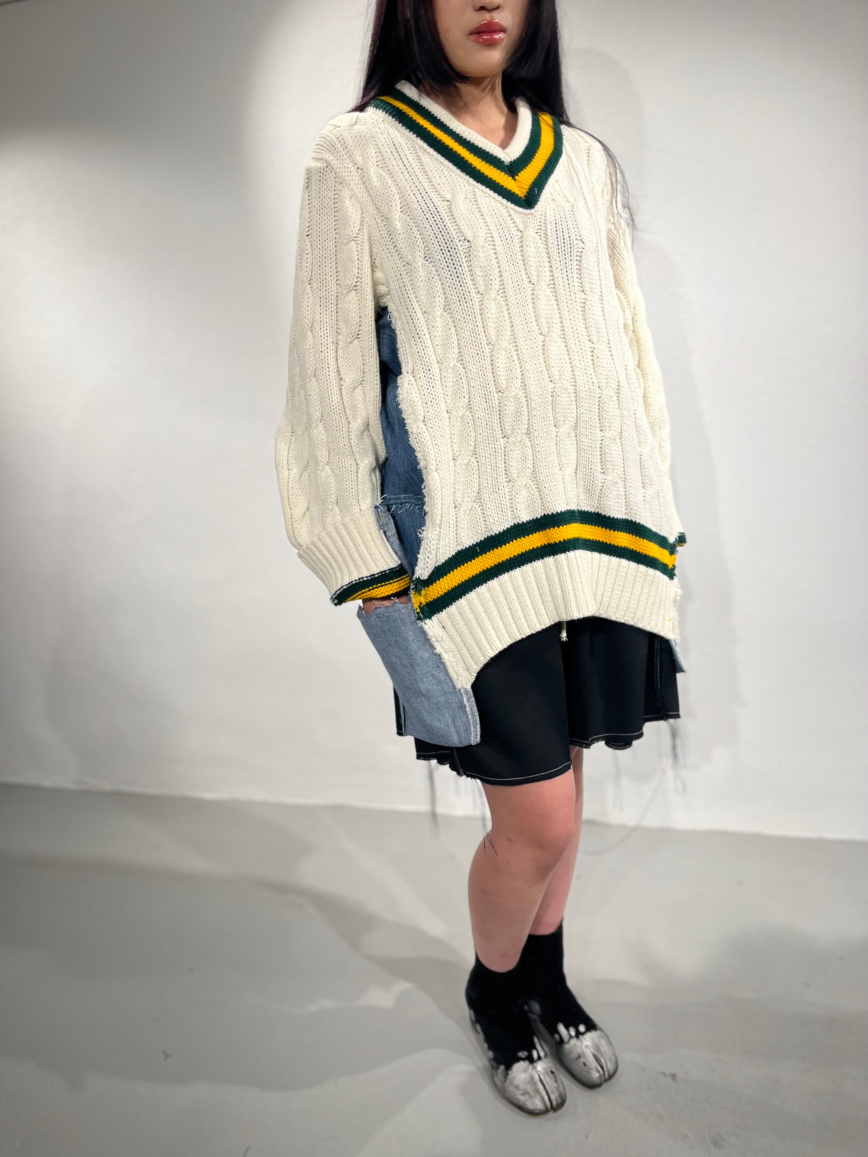DENIM PANELLED CRICKET JUMPER