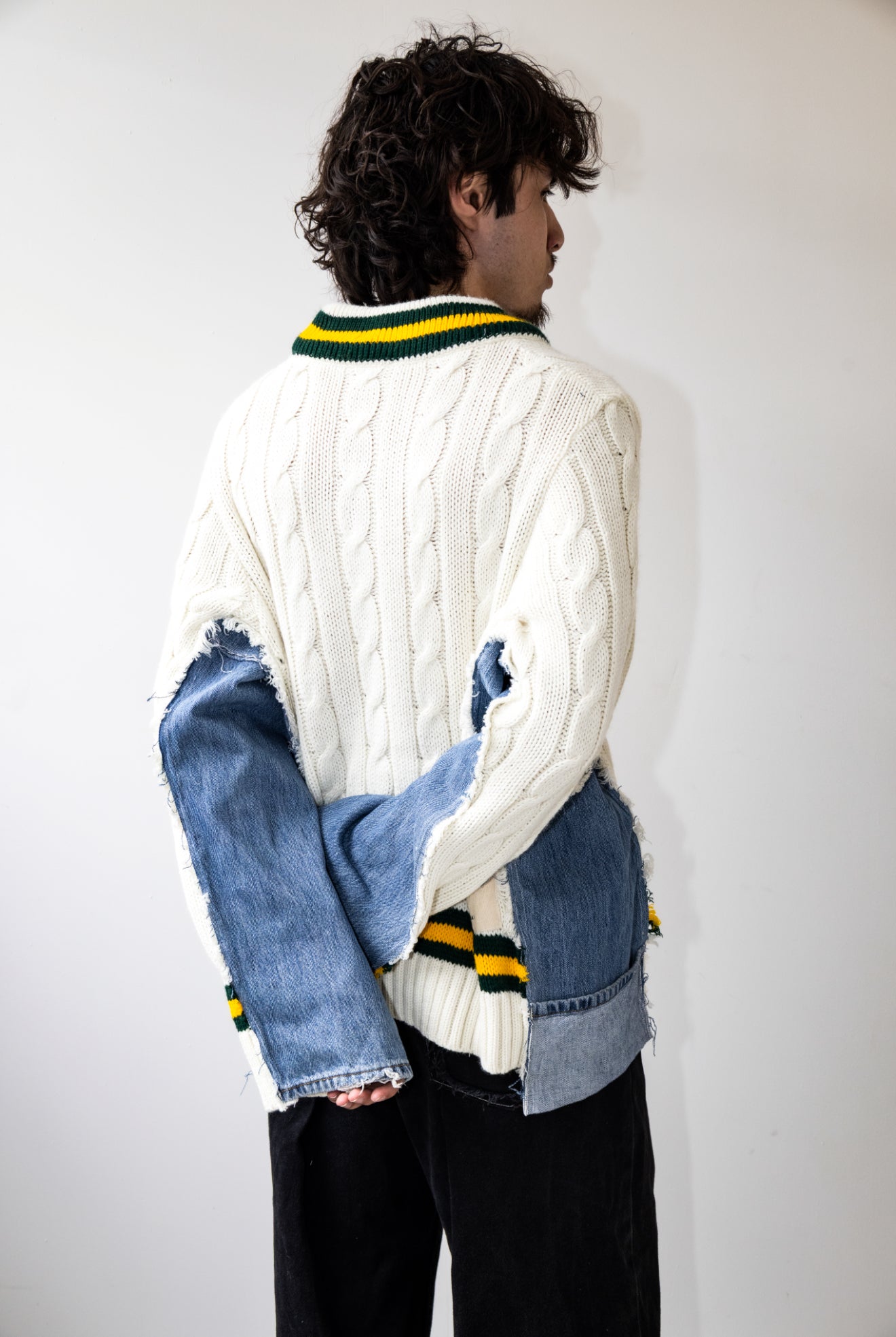 DENIM PANELLED CRICKET JUMPER