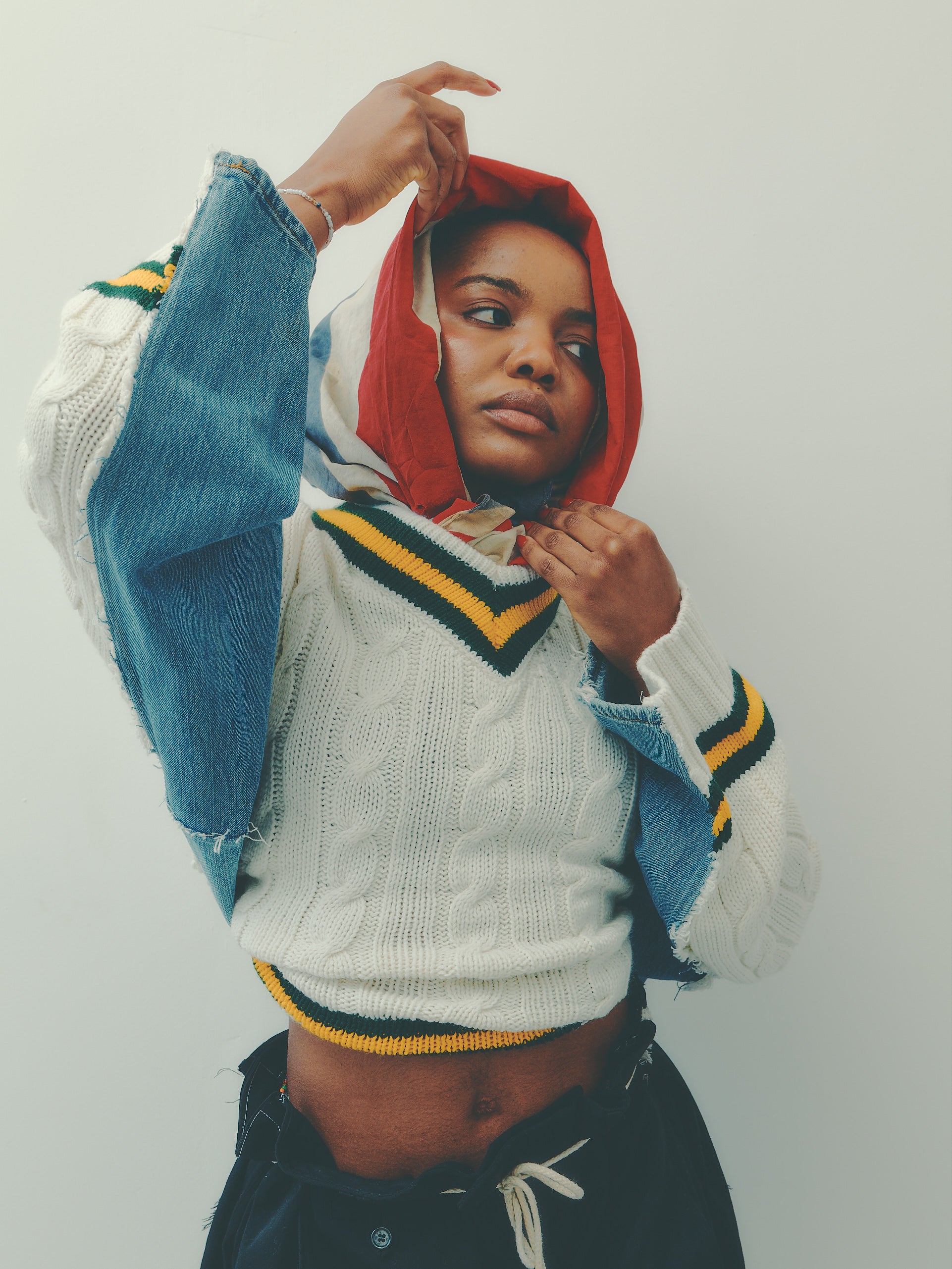DENIM PANELLED CRICKET JUMPER