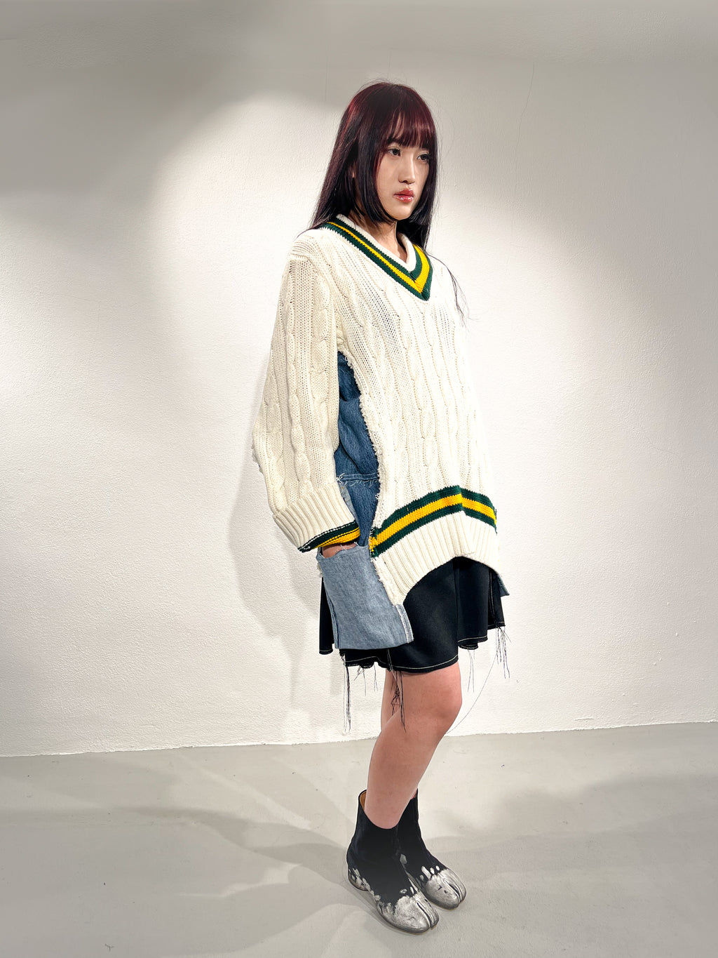 DENIM PANELLED CRICKET JUMPER