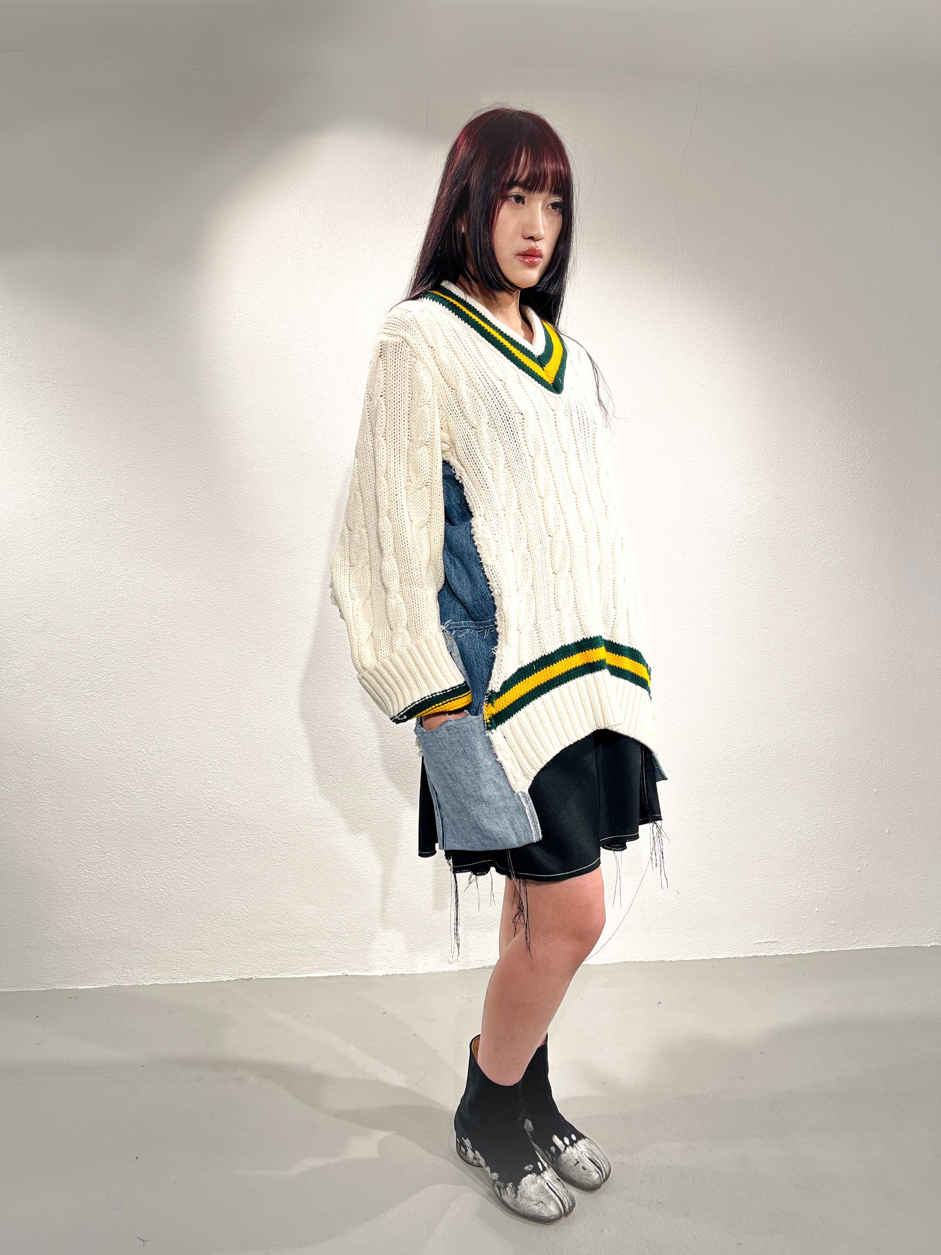 DENIM PANELLED CRICKET JUMPER